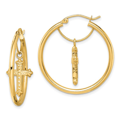 14K Yellow Gold With D/C Cross Dangle Hoop Earrings
