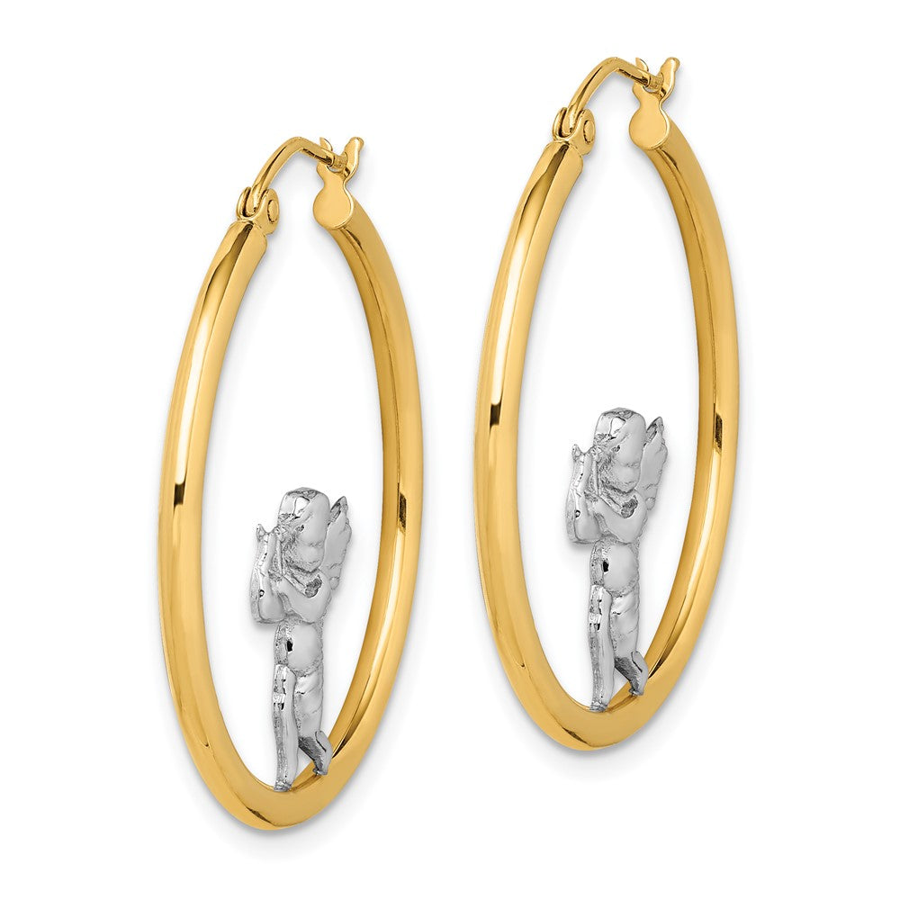 14K Yellow & Rhodium With Angel Hoop Earrings