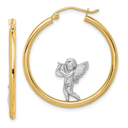 14K Yellow & Rhodium With Angel Hoop Earrings