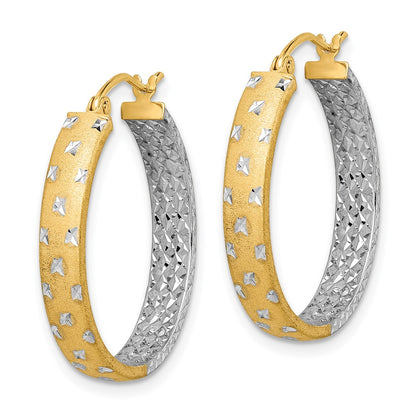 14K Yellow & Rhodium W/White Polished Satin Diamond-Cut In/Out Hoop Earrings