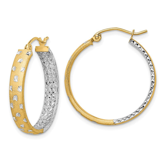 14K Yellow & Rhodium W/White Polished Satin Diamond-Cut In/Out Hoop Earrings