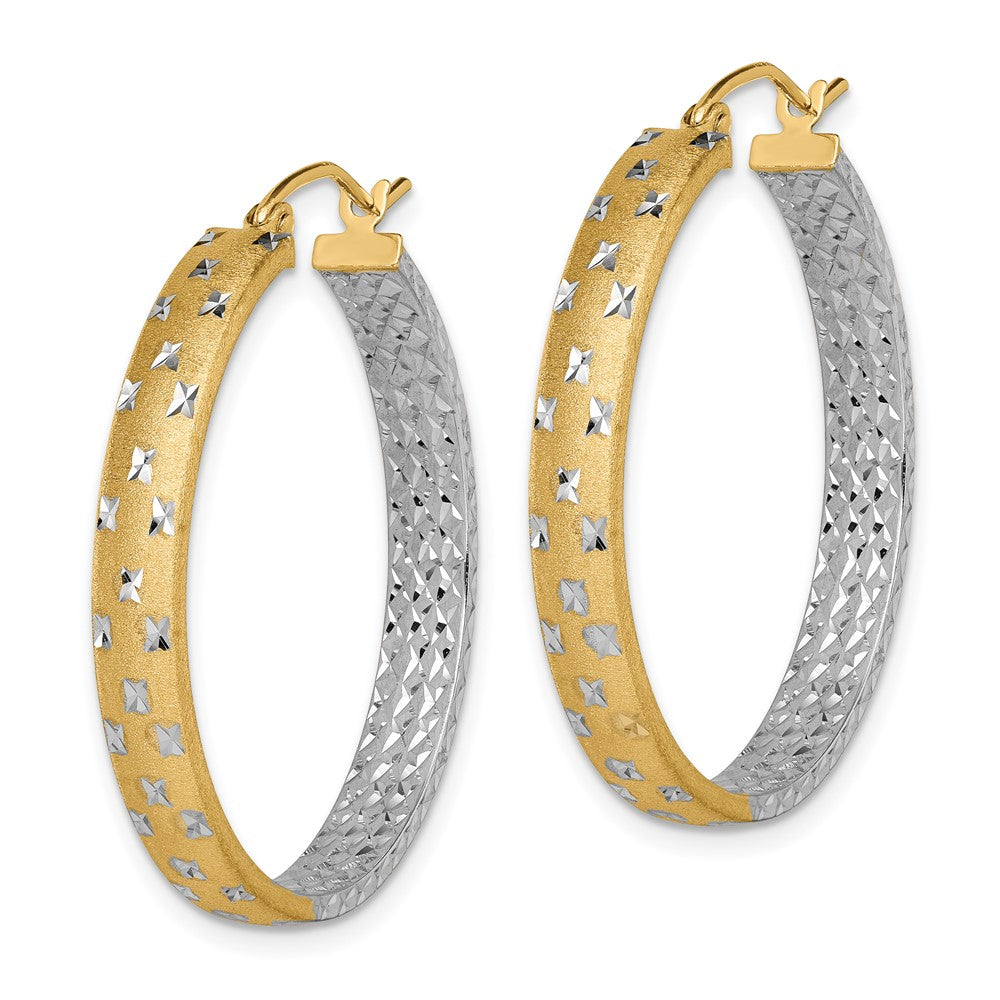 14K Yellow & Rhodium W/White Polished Satin Diamond-Cut In/Out Hoop Earrings