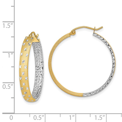 14K Yellow & Rhodium W/White Polished Satin Diamond-Cut In/Out Hoop Earrings