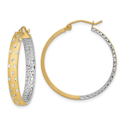 14K Yellow & Rhodium W/White Polished Satin Diamond-Cut In/Out Hoop Earrings