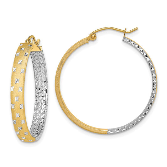 14K Yellow & Rhodium W/White Polished Satin Diamond-Cut In/Out Hoop Earrings