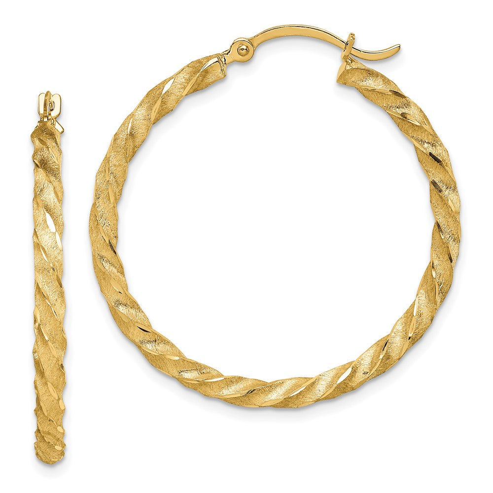 14K Yellow Gold Twisted Satin Diamond-Cut Hoop Earrings