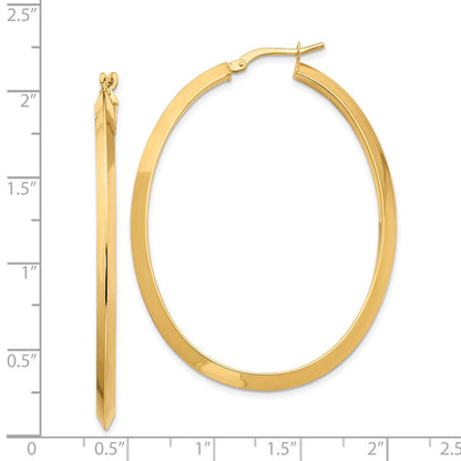 14K Yellow Gold Large 3mm Knife Edge Oval Hoop Earrings