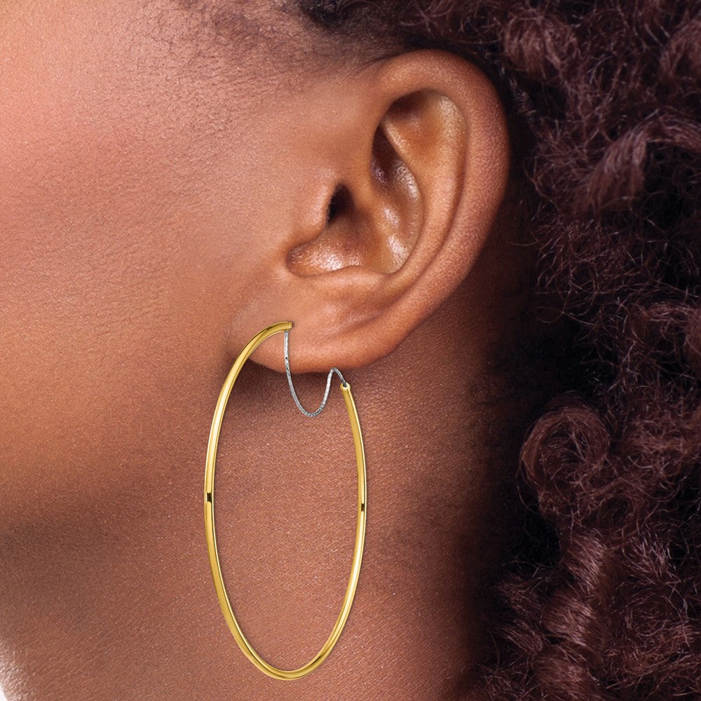 14K Two-Tone Large 2X55mm D/C Wire Polished Hoop Earrings