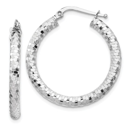 14K White Gold 3X27mm Diamond-Cut Hoop Earrings