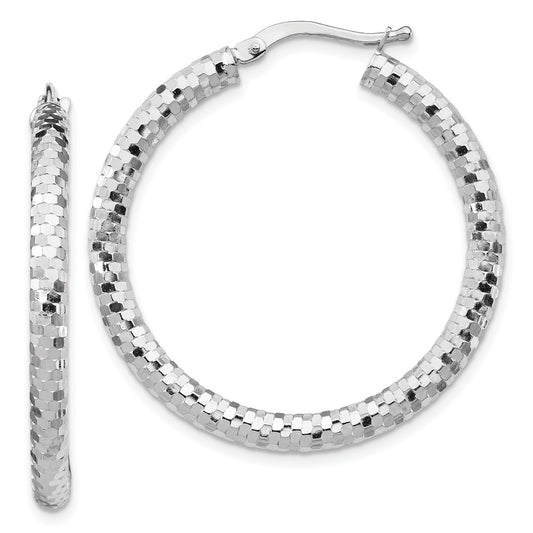 14K White Gold 3X32mm Diamond-Cut Hoop Earrings