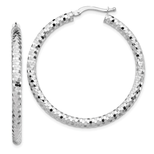 14K White Gold 3X38mm Diamond-Cut Hoop Earrings
