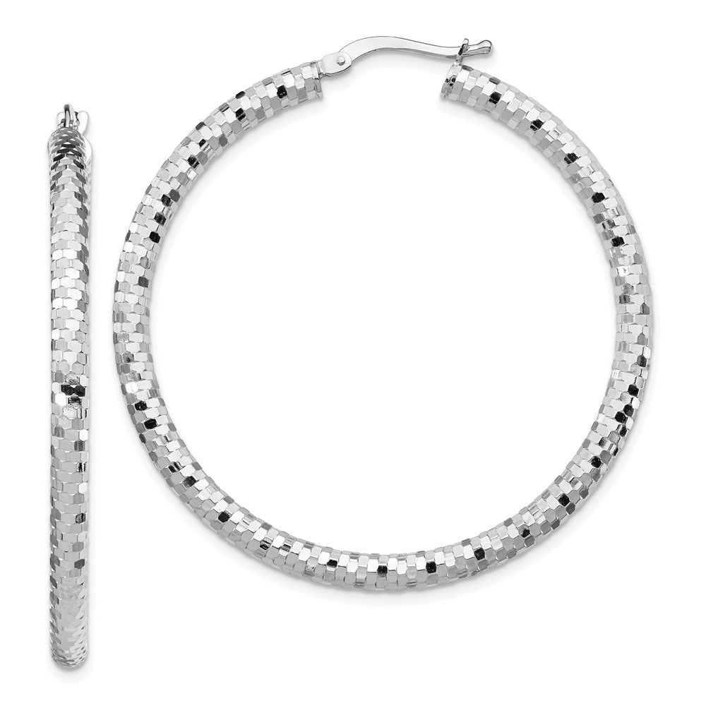 14K White Gold 3X35mm Diamond-Cut Hoop Earrings