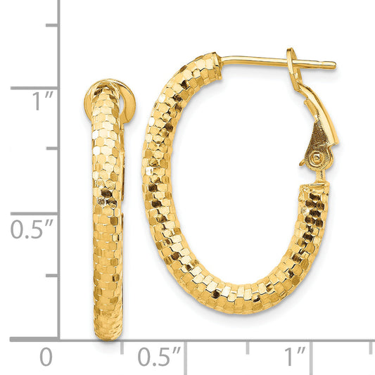 14K Yellow Gold 3mm Small Diamond-Cut Oval Omega Back Hoop Earrings