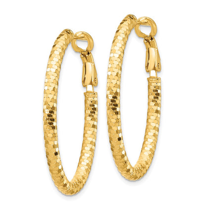 14K Yellow Gold 3mm Medium Diamond-Cut Oval Omega Back Hoop Earrings