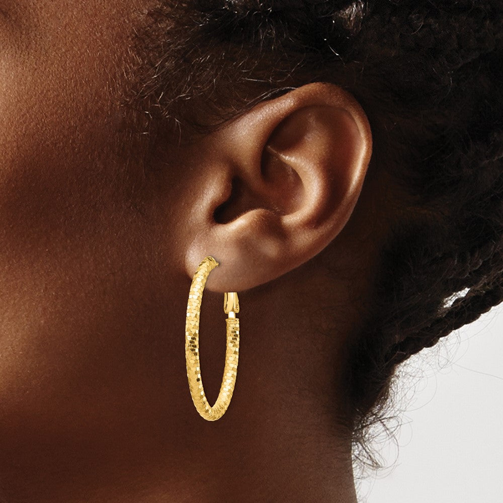 14K Yellow Gold 3mm Medium Diamond-Cut Oval Omega Back Hoop Earrings