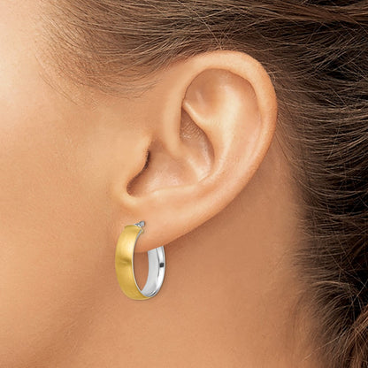 14K Yellow & Rhodium With White Small 5mm Polished Satin Hoop Earrings