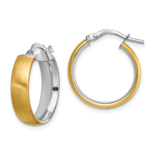14K Yellow & Rhodium With White Small 5mm Polished Satin Hoop Earrings