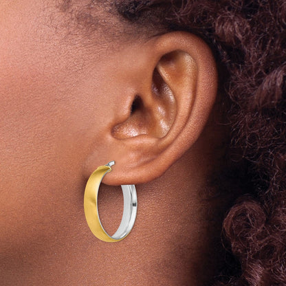 14K Yellow & Rhodium With White Medium 5mm Polished Satin Hoop Earrings