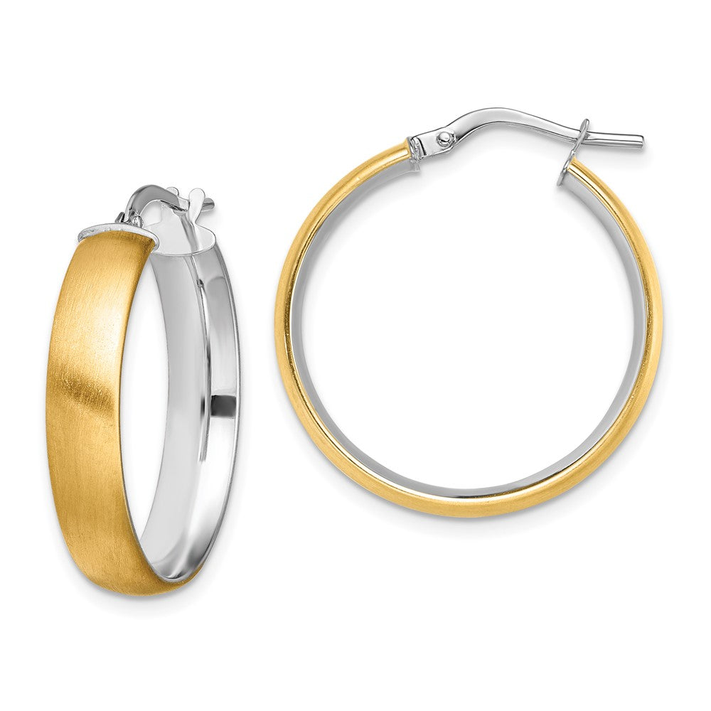 14K Yellow & Rhodium With White Medium 5mm Polished Satin Hoop Earrings
