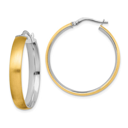 14K Yellow & Rhodium With White Large 5mm Polished Satin Hoop Earrings