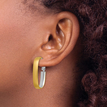 14K Yellow & Rhodium With White Polished And Satin Oval Omega Back Hoop Earrings