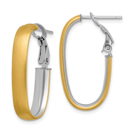 14K Yellow & Rhodium With White Polished And Satin Oval Omega Back Hoop Earrings