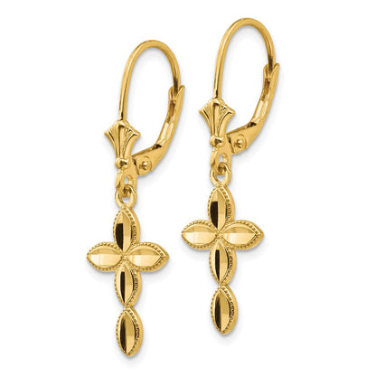 14K Yellow Gold D/C Cross Leverback Earrings
