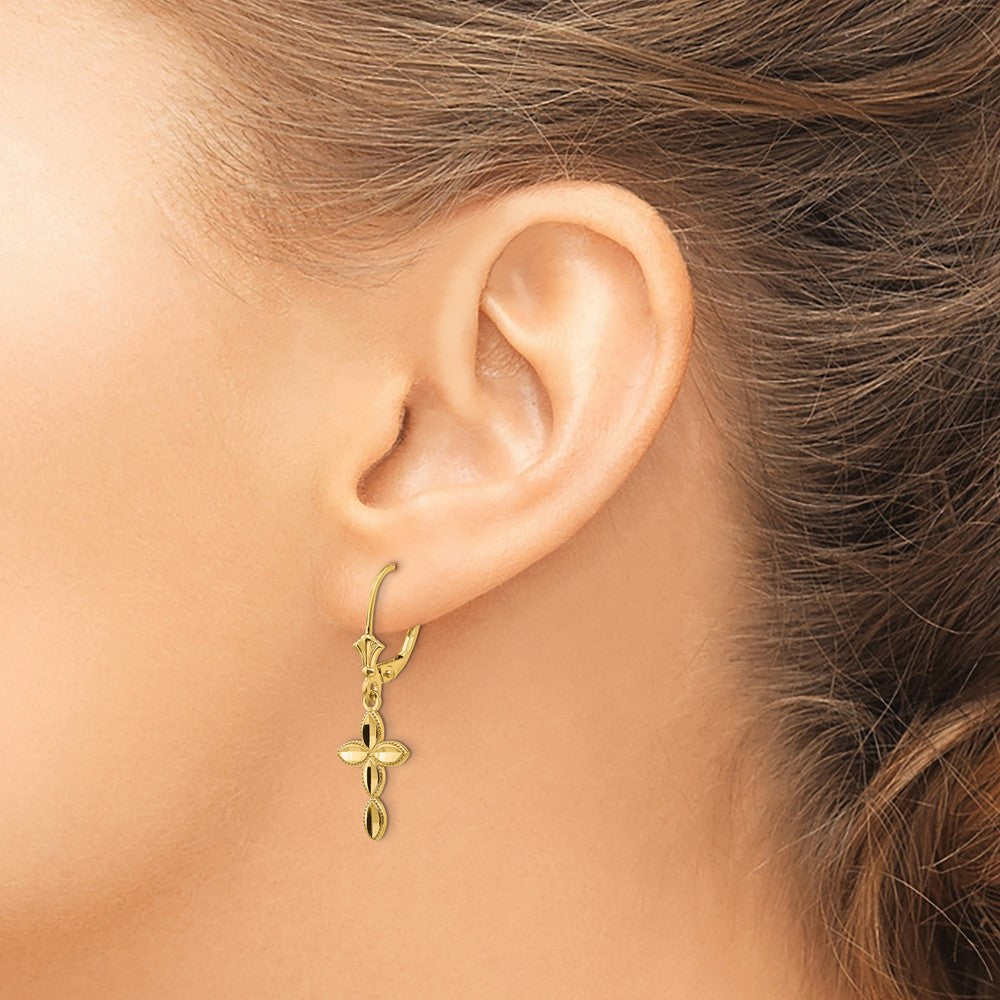 14K Yellow Gold D/C Cross Leverback Earrings