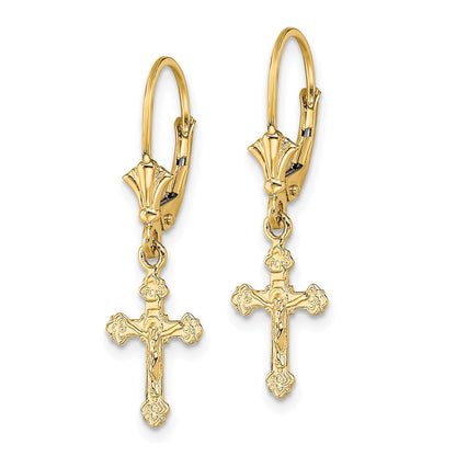 14K Yellow Gold Crucifix Leverback Earrings