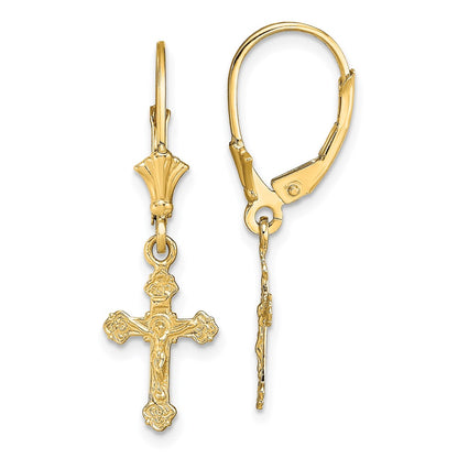 14K Yellow Gold Crucifix Leverback Earrings