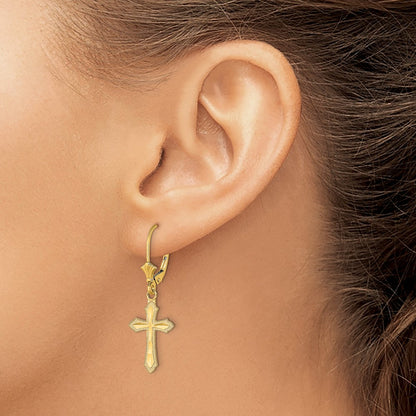 14K Yellow Gold D/C Cross W/ Beaded Edge Leverback Earrings