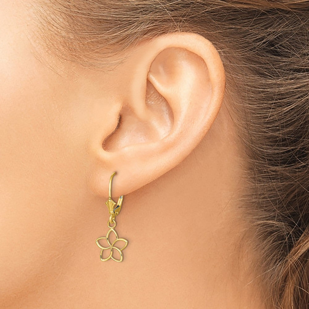 14K Yellow Gold Polished Cut-Out Flower Leverback Earrings
