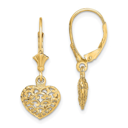 14K Yellow Gold Diamond-Cut Mini Puffed Heart Leverback Earrings