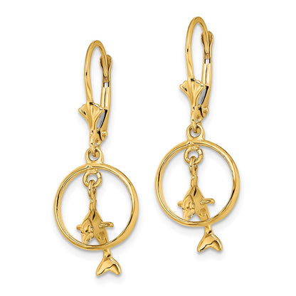 14K Yellow Gold 3-D Dolphin Jumping Through Hoop Leverback Earrings