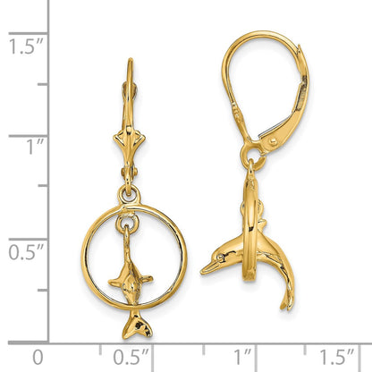 14K Yellow Gold 3-D Dolphin Jumping Through Hoop Leverback Earrings