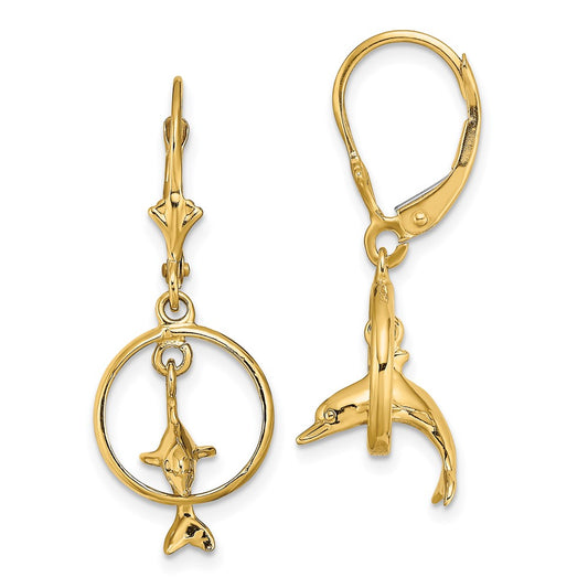 14K Yellow Gold 3-D Dolphin Jumping Through Hoop Leverback Earrings