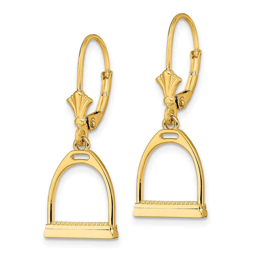 14K Yellow Gold 3-D Small Horse Stirrup Leverback Earrings