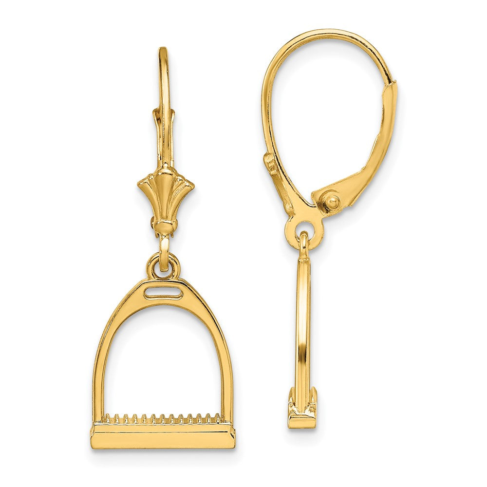 14K Yellow Gold 3-D Small Horse Stirrup Leverback Earrings