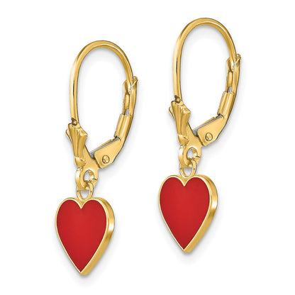 14K Yellow Gold Polished Enameled Heart Dangle Leverback Earrings