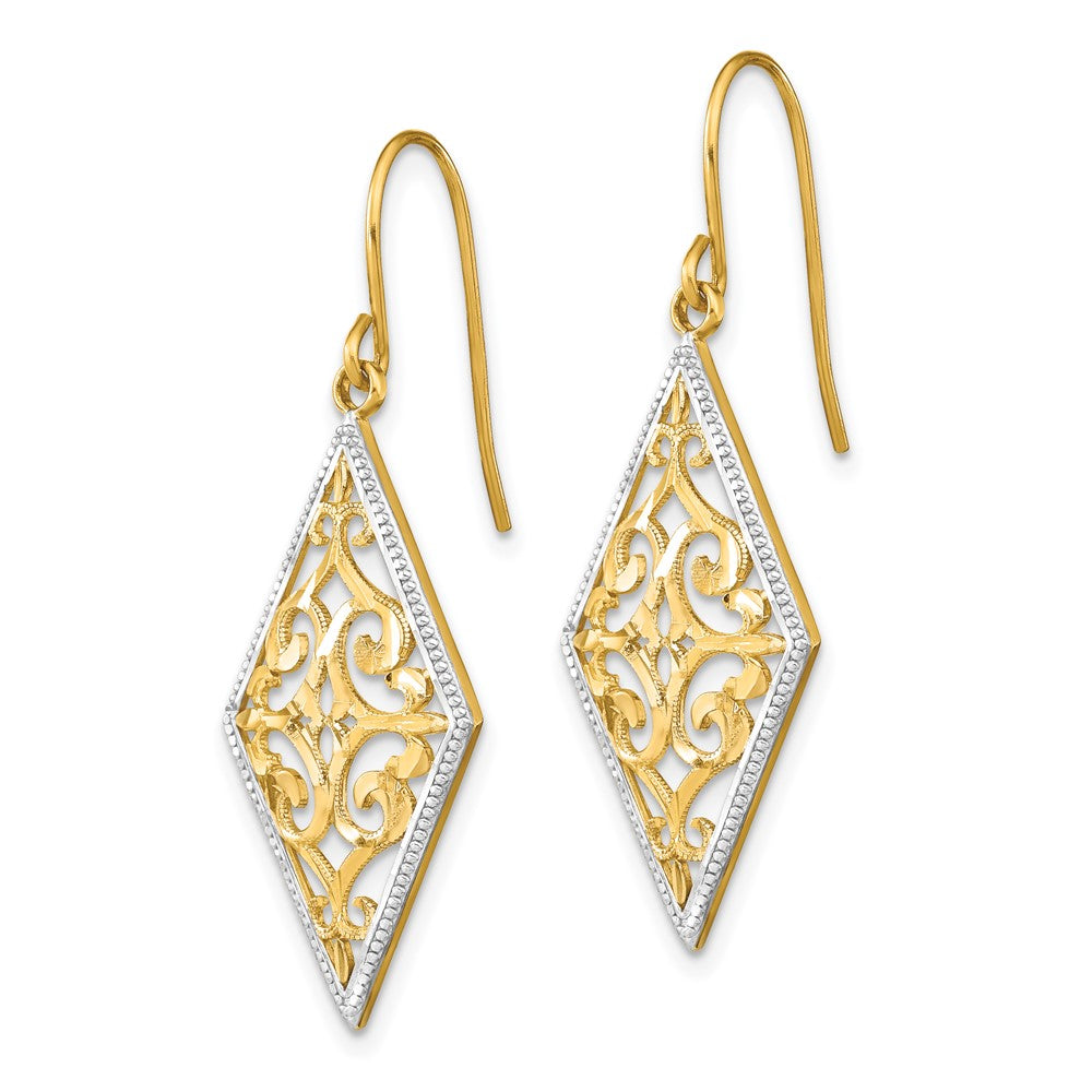 14K Yellow & Rhodium W/Rhodium Diamond Shape Filigree Dangle Earrings