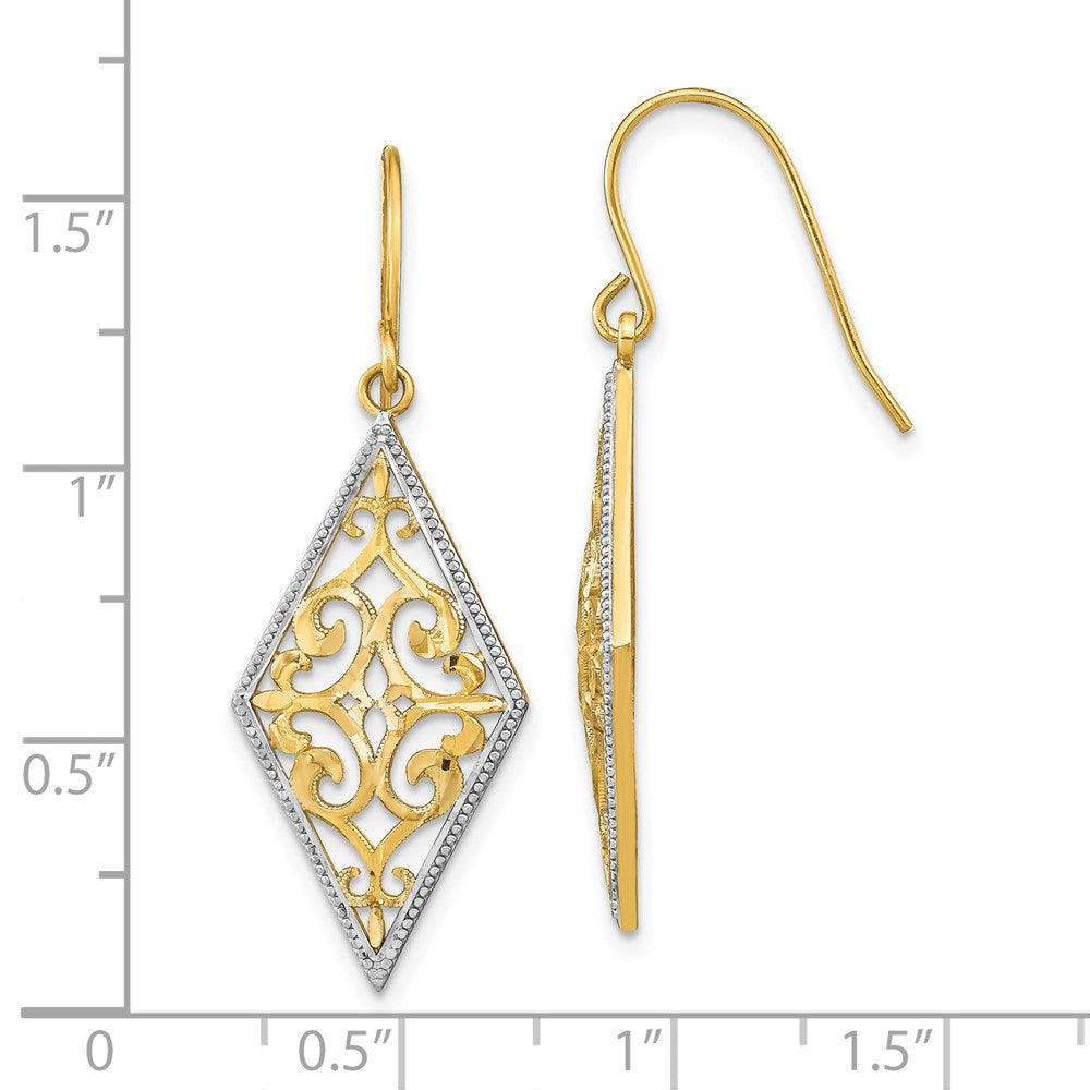 14K Yellow & Rhodium W/Rhodium Diamond Shape Filigree Dangle Earrings