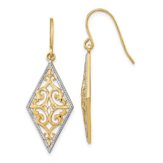 14K Yellow & Rhodium W/Rhodium Diamond Shape Filigree Dangle Earrings