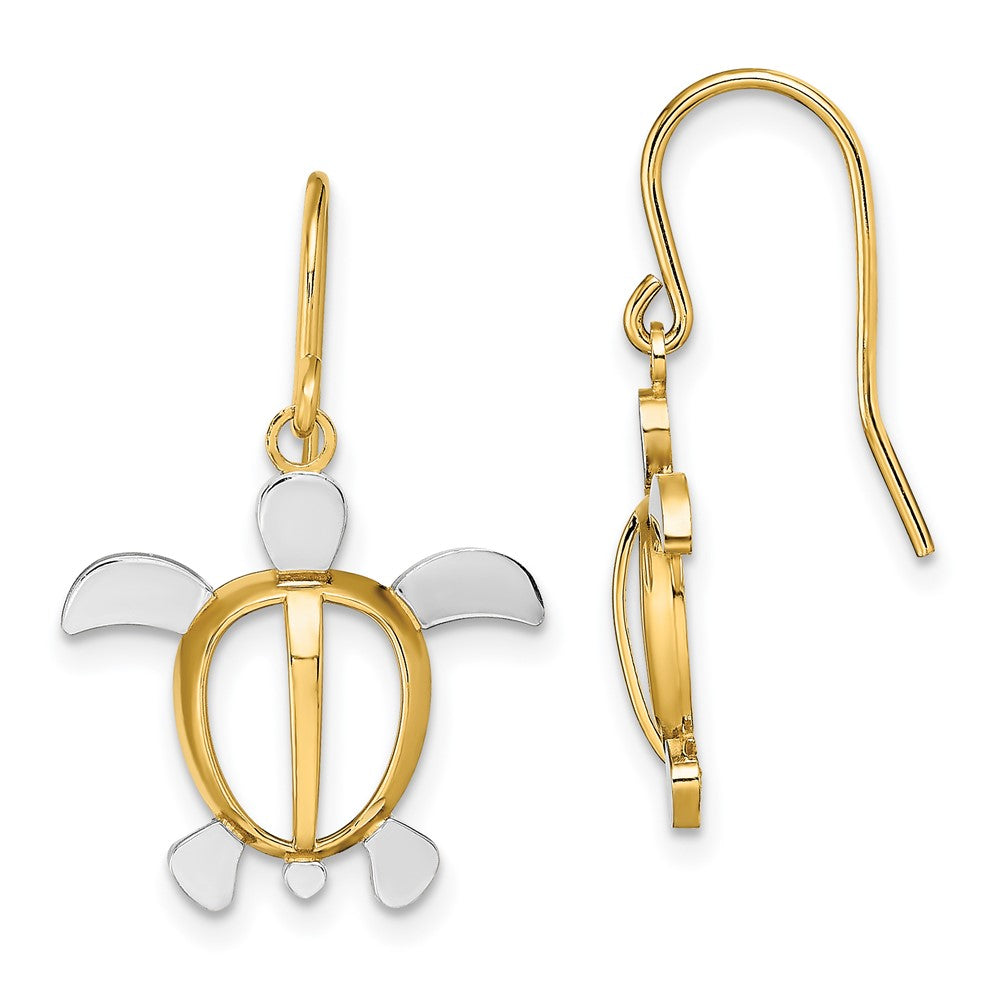 14K Yellow & Rhodium W/ Sea Turtle Dangle Earrings