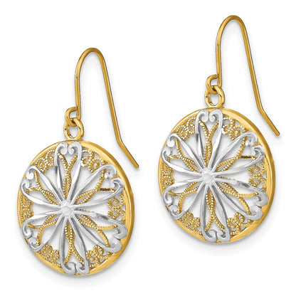 14K Yellow & Rhodium W/Rhodium Filigree Medallion Dangle Earrings