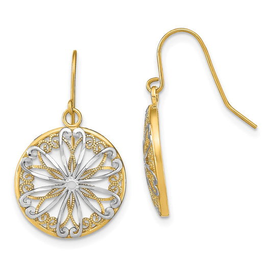 14K Yellow & Rhodium W/Rhodium Filigree Medallion Dangle Earrings