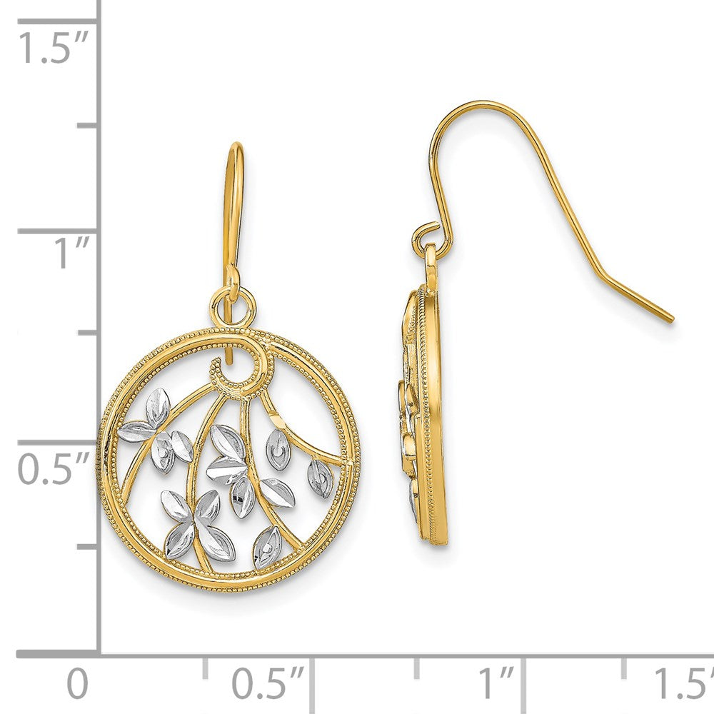 14K Yellow & Rhodium W/Rhodium D/C Leaves Round Dangle Earrings