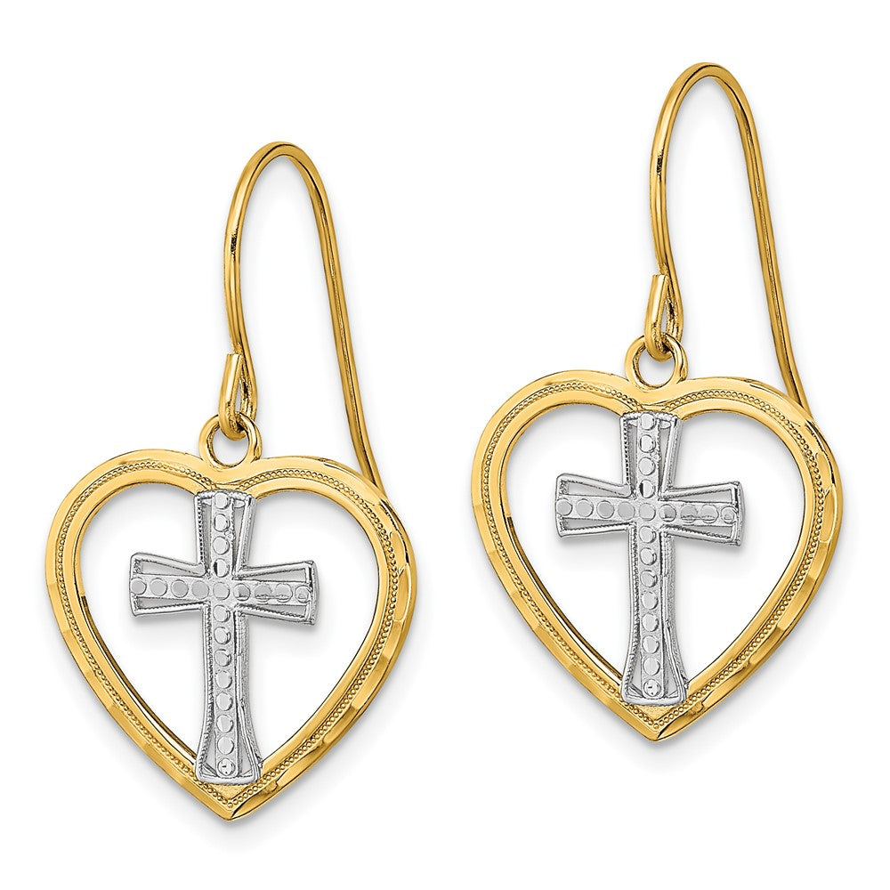 14K Yellow & Rhodium W/Rhodium Cross In Center Heart Earrings