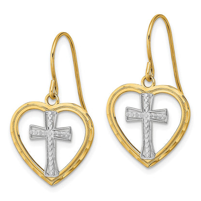 14K Yellow & Rhodium W/Rhodium Cross In Center Heart Earrings