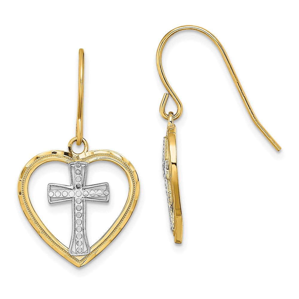 14K Yellow & Rhodium W/Rhodium Cross In Center Heart Earrings