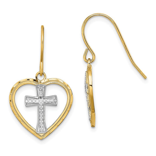 14K Yellow & Rhodium W/Rhodium Cross In Center Heart Earrings